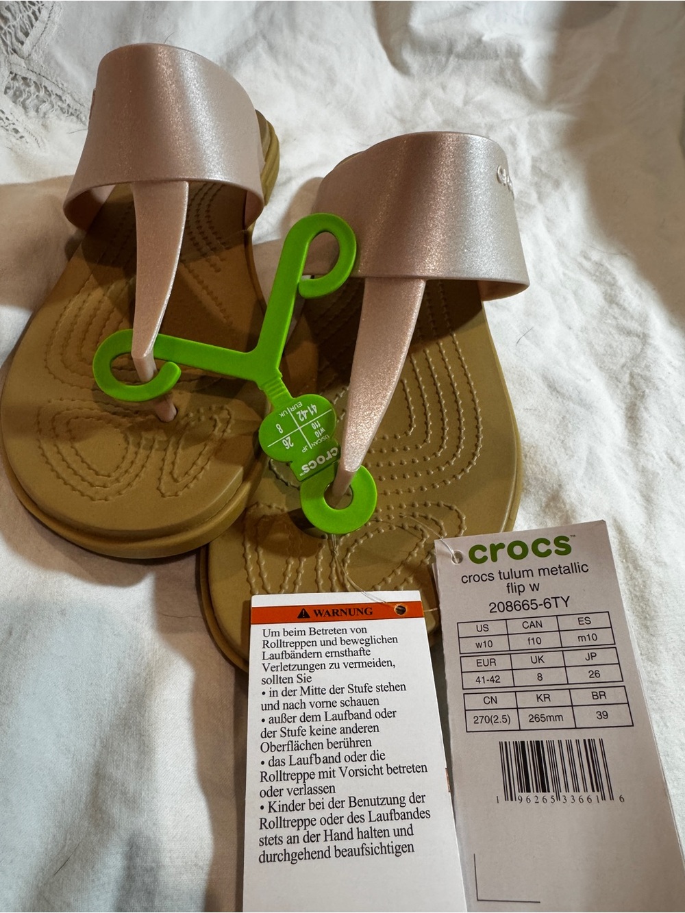2 pairs CROCS Metallic Blush Pink/tan and Black/black Flip Flop Sandals, size 10 - Picture 3 of 10